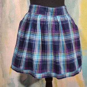 Purple Teal Blue Short SKIRT‎ Plaid Print FLARE Summer Small 26 POCKETS PREPPY S